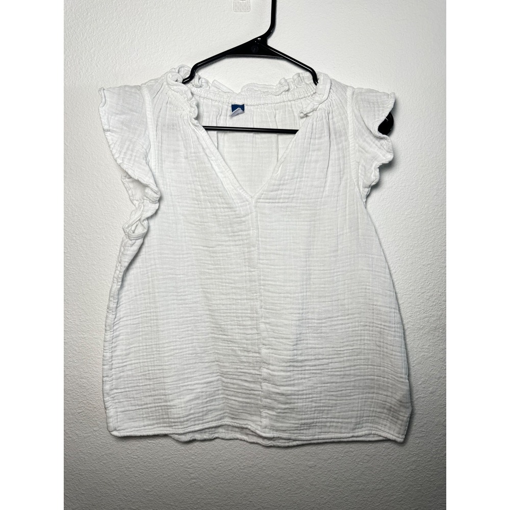 Old Navy‎ Casual Chic White Gauze Ruffle Neck Flutter Sleeve V Neck Top Size S
